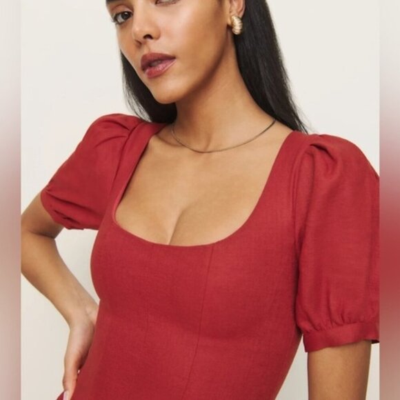 NEW Reformation Coucou Midi Linen Dress Sundried Tomato Red | US 2 UK 6 - Picture 2 of 15